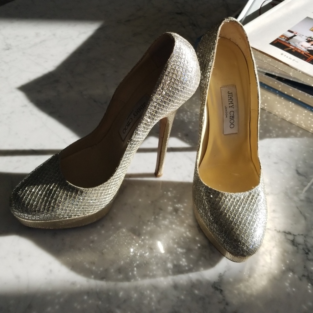 Jimmy Choo Gold Glitter Platforms